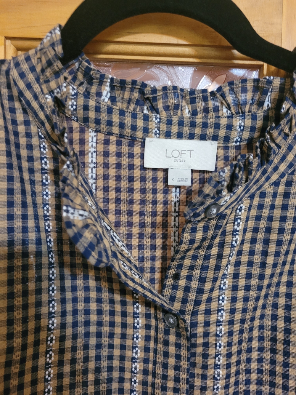LOFT  Navy and Tan Check Button-Down Shirt